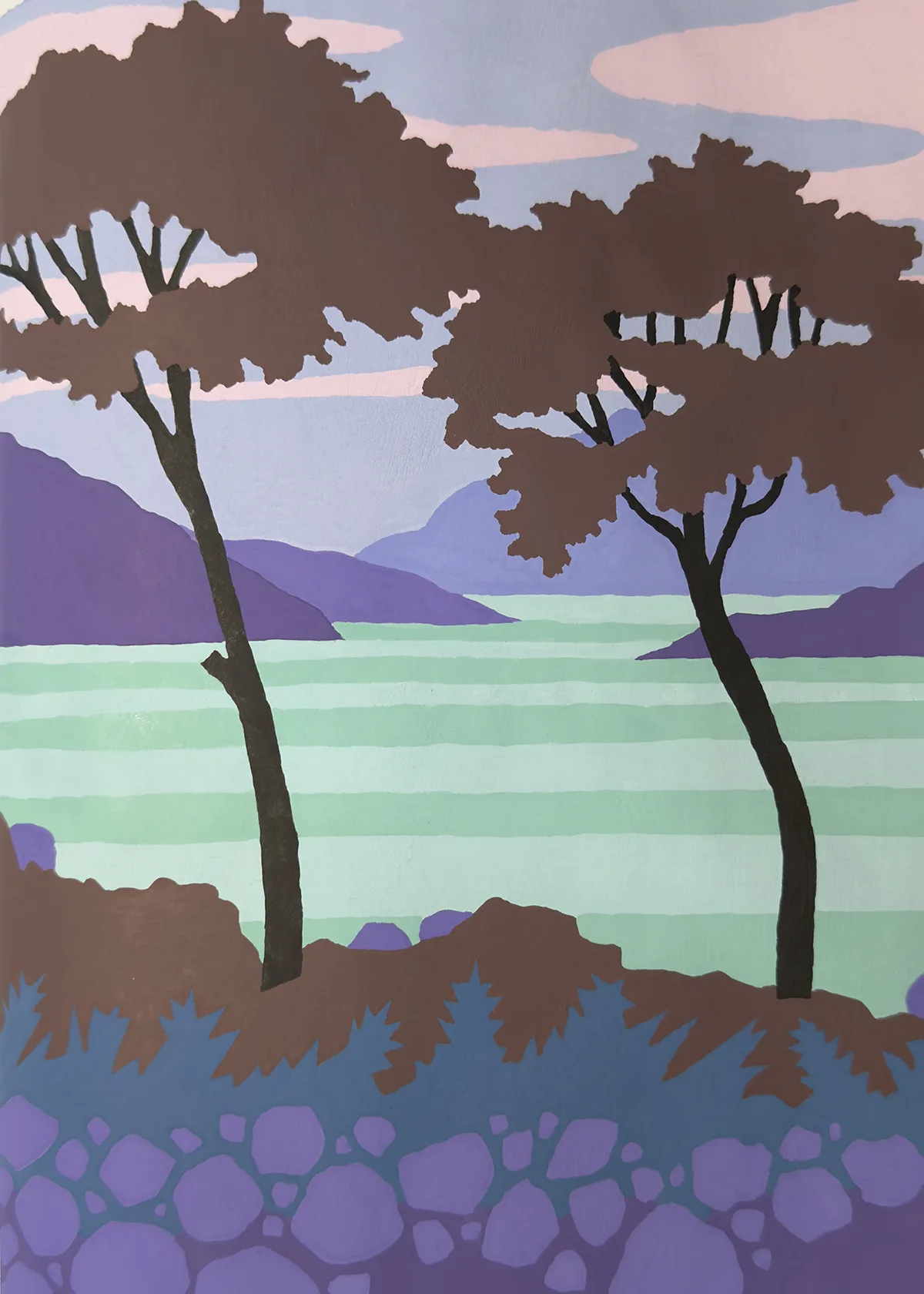 Completed Arbres Du Monde colour by numbers page 64 featuring Trees, coloured with acrylic marker pens
