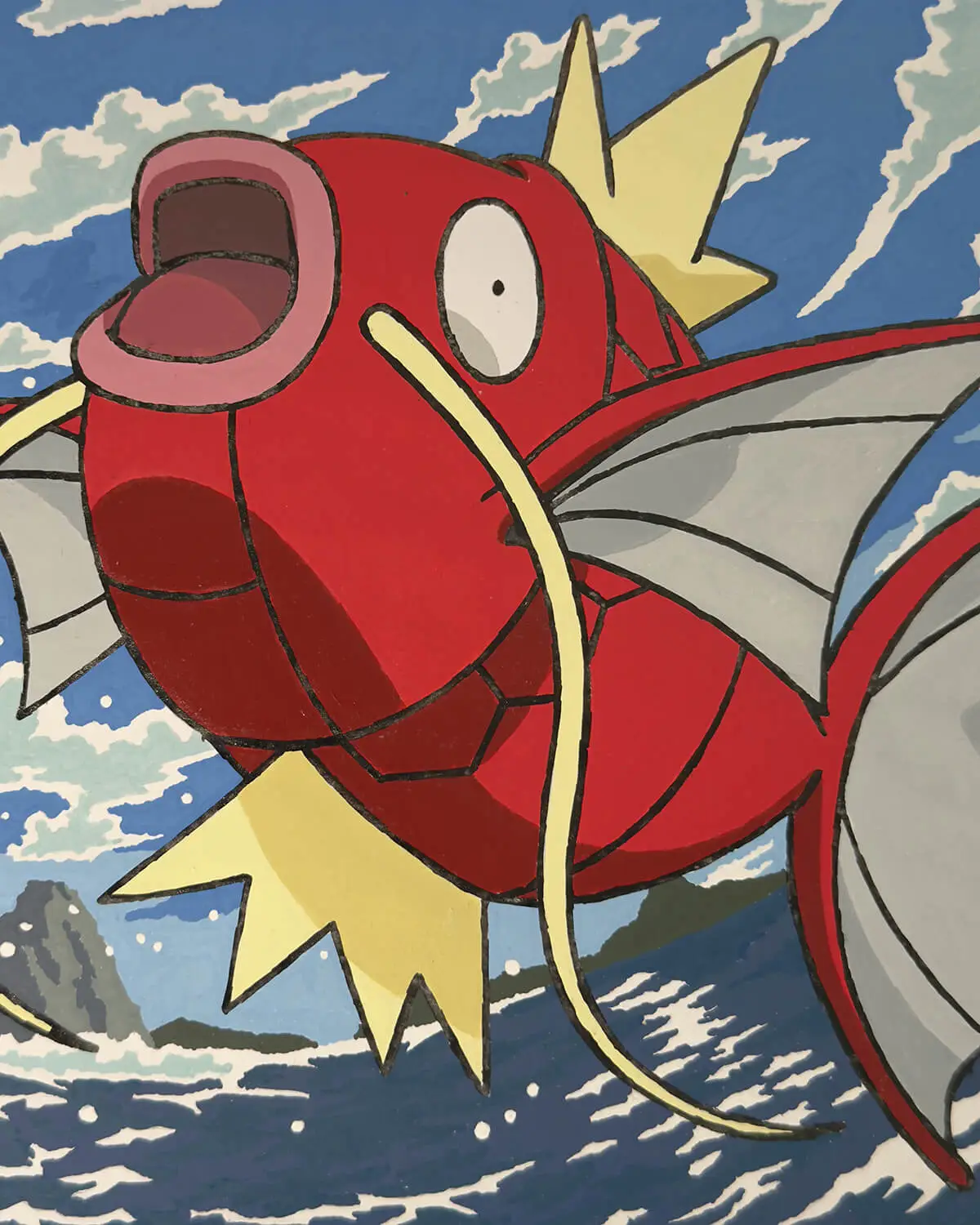 Completed Pokémon colour by numbers page 1 featuring Magikarp, coloured with acrylic marker pens