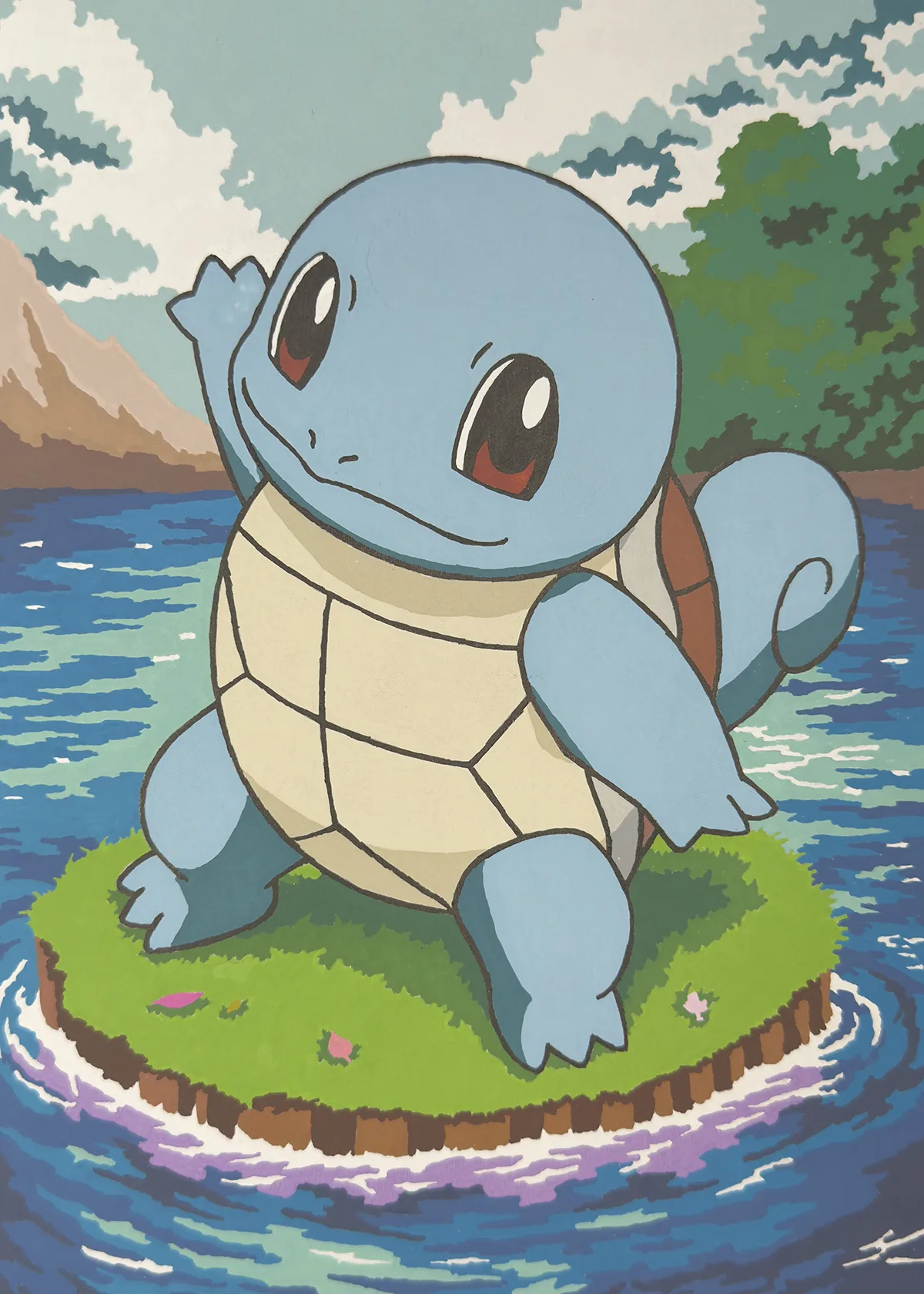Completed Pokémon colour by numbers page 15 featuring Squirtle, coloured with acrylic marker pens