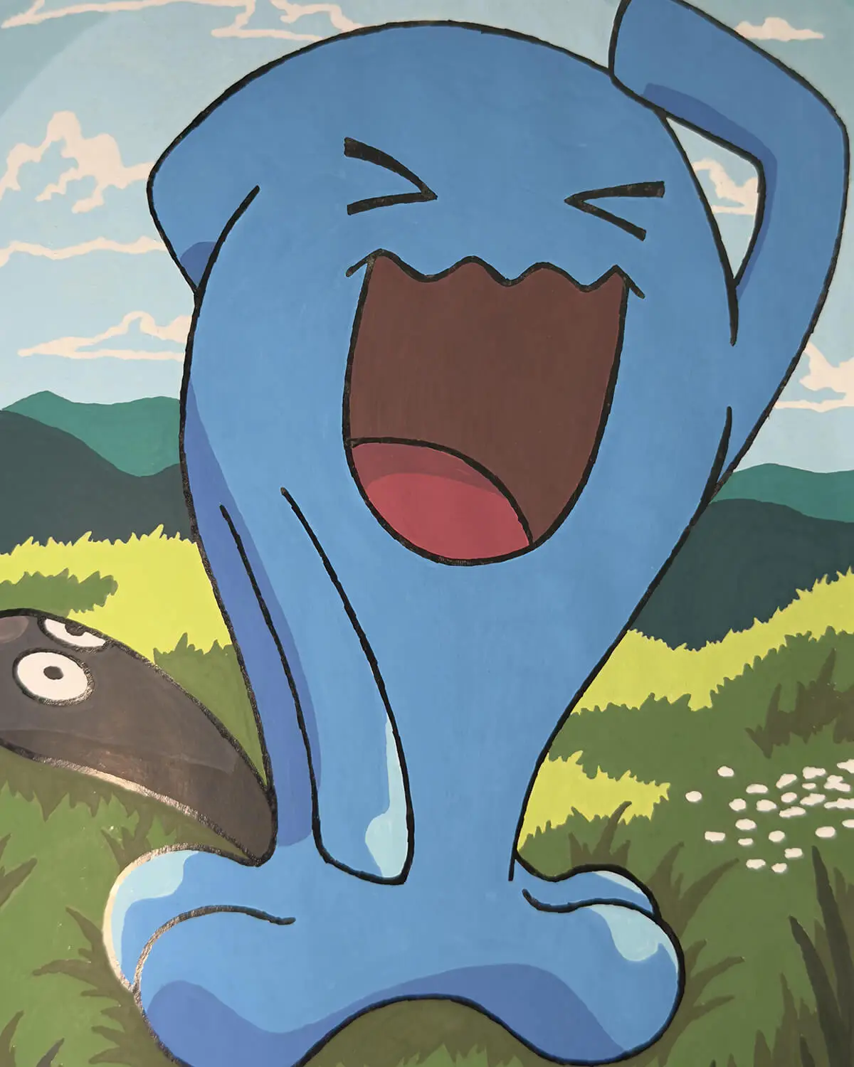 Completed Pokémon colour by numbers page 24 featuring Wobbuffet, coloured with acrylic marker pens
