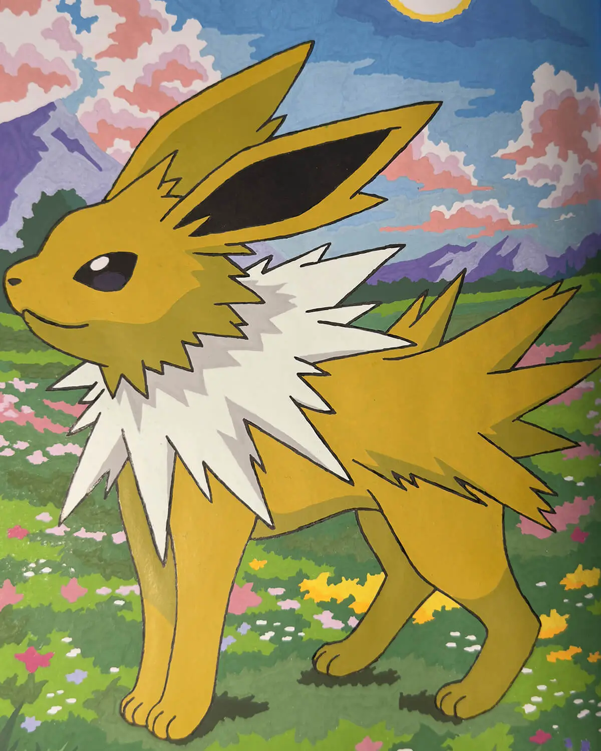 Completed Pokémon colour by numbers page 31 featuring Jolteon, coloured with acrylic marker pens