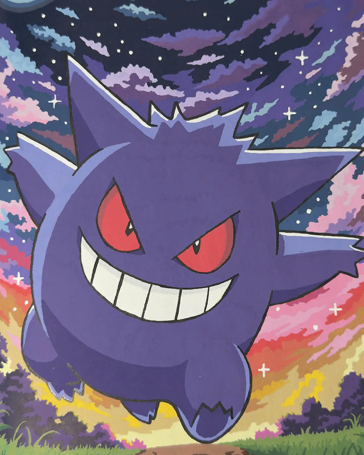 Completed Pokémon colour by numbers page 40 featuring Gengar, coloured with acrylic marker pens
