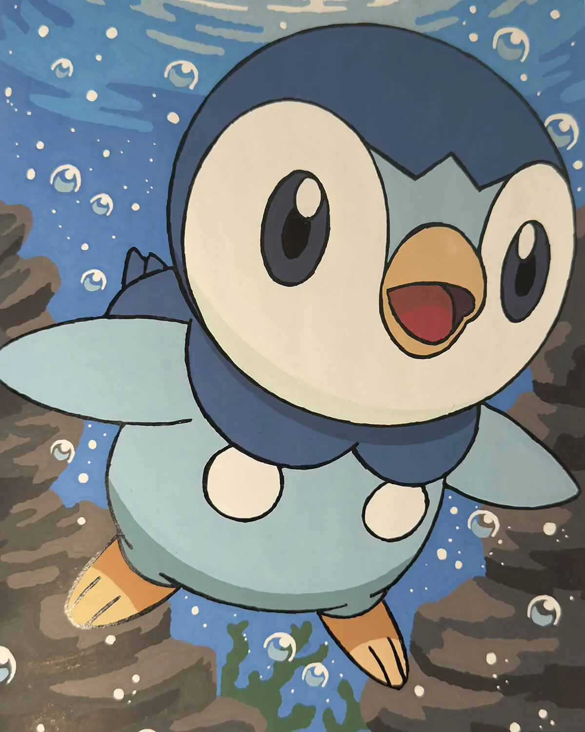 Completed Pokémon colour by numbers page 42 featuring Piplup, coloured with acrylic marker pens