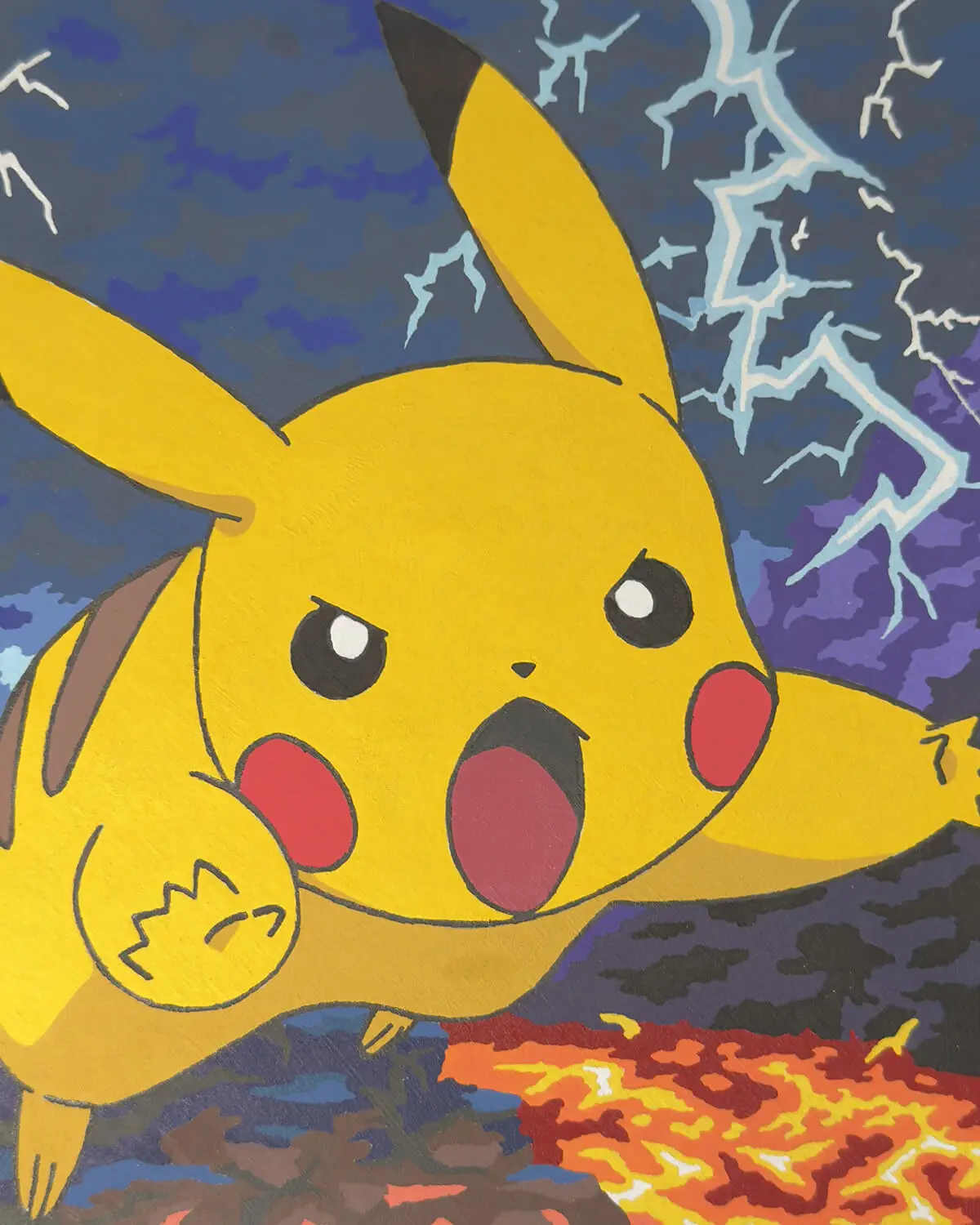 Completed Pokémon colour by numbers page 8 featuring Pikachu, coloured with acrylic marker pens