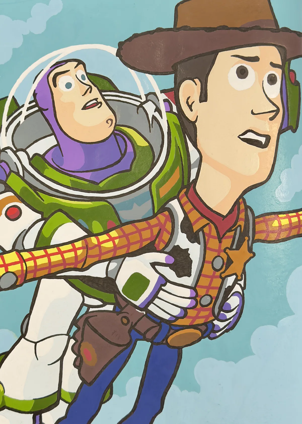 Completed Princes And Heroes colour by numbers page 43 featuring Woody And Buzz, coloured with acrylic marker pens